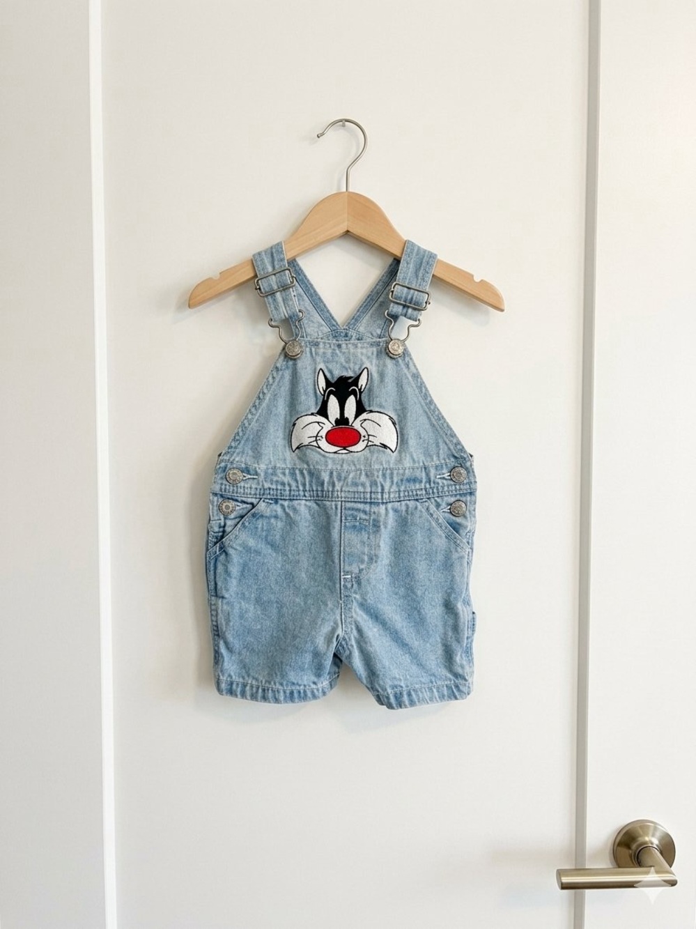 Vintage Warner Bros Sylvester Baby Denim Shortalls Overalls 6M Looney Tunes